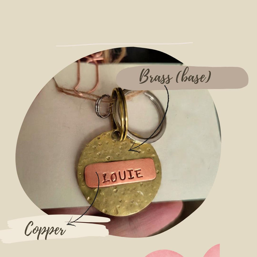 25mm Copper & Brass Pet ID with Heart Detail in Rustic or Shiny Finish - for Medium Size Pets/Key-rings