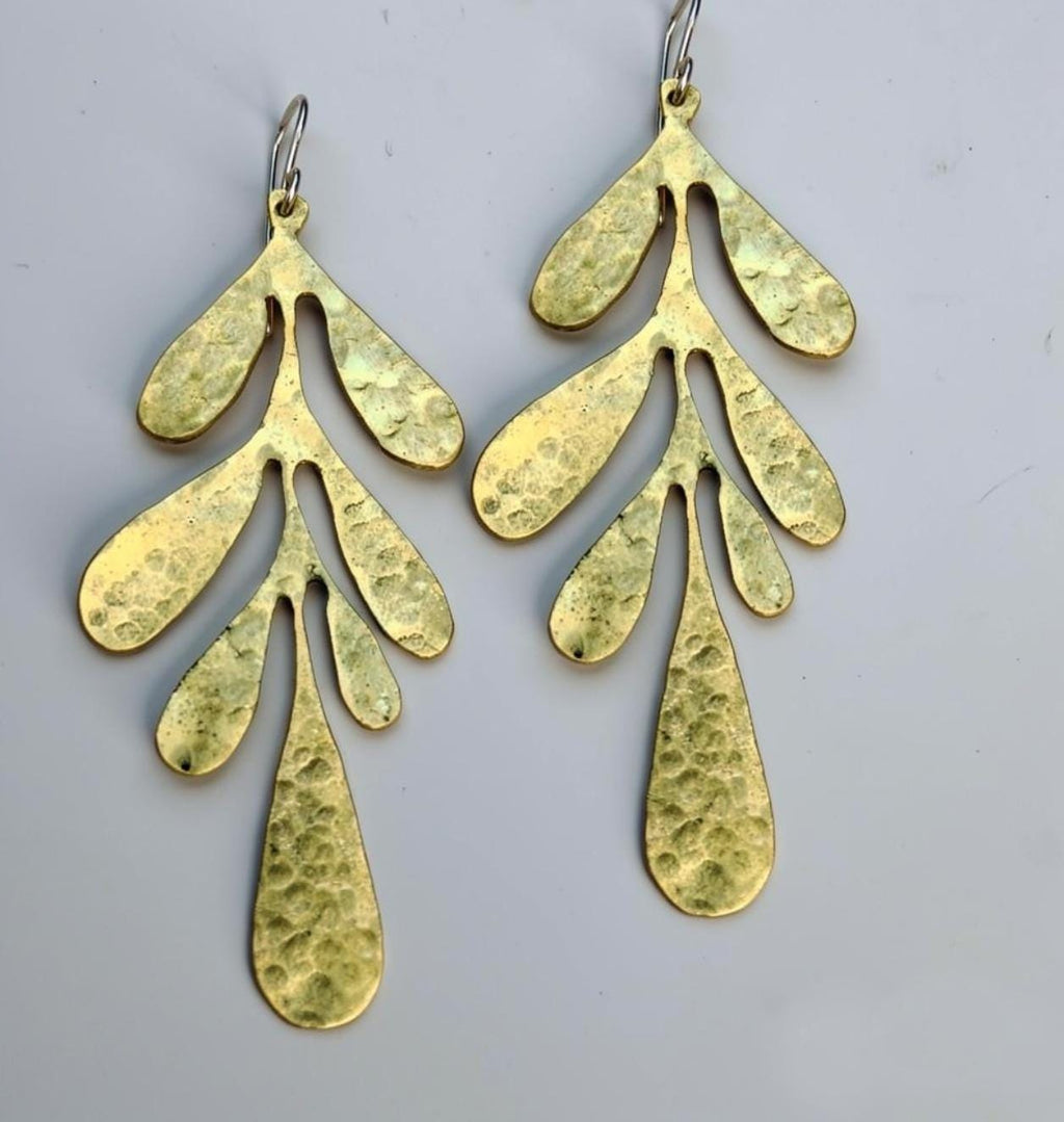 Long Brass Leaf Earrings, Textured Finish Brass Earrings, Brass Dangle Earrings with Sterling Hook/Post, Gold Floral Brass Earrings
