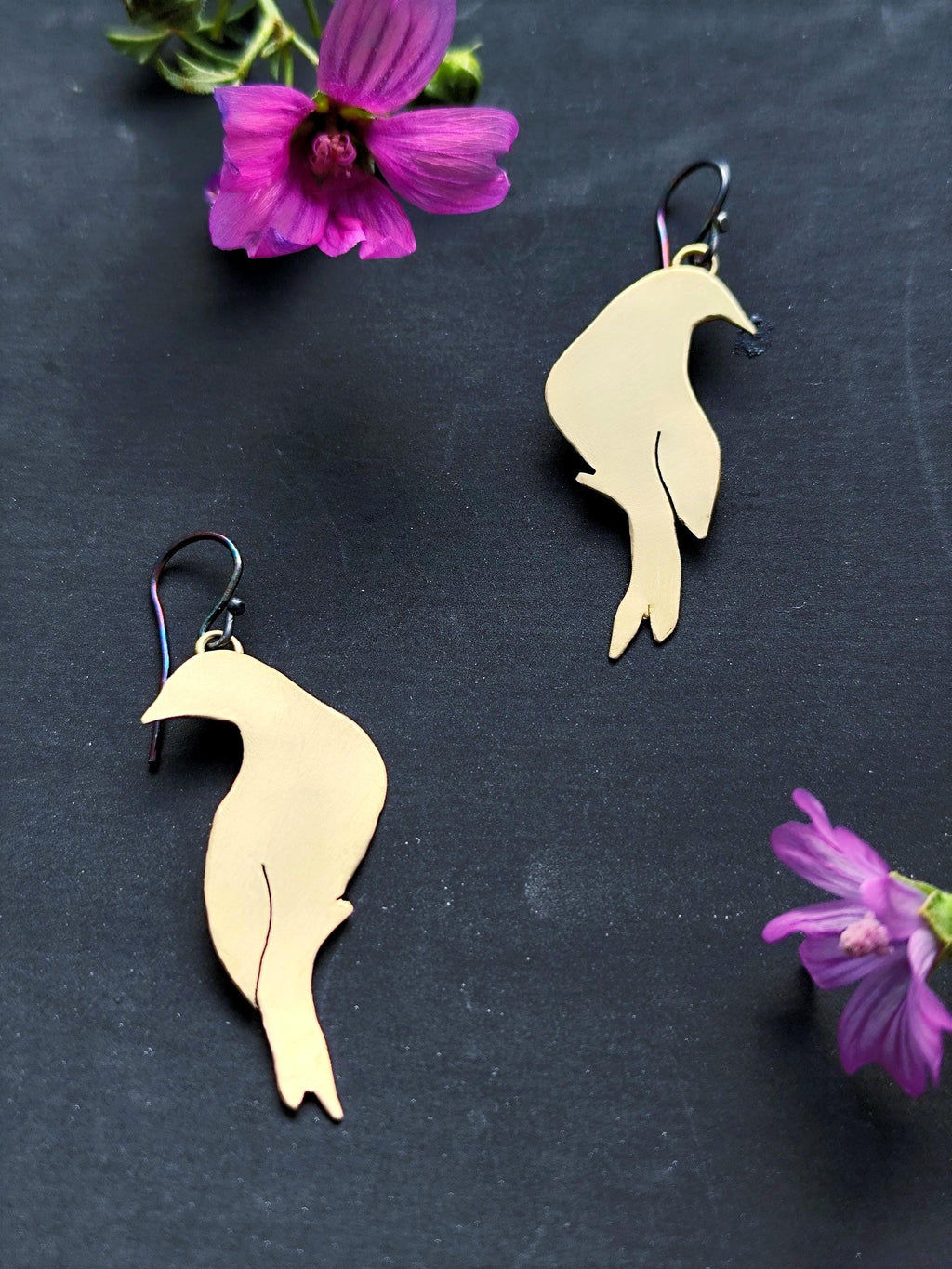 Brass Bird Earrings Mismatched, Lightweight Brass Earrings with Sterling Hooks, Smooth Brass Earrings, Animal Jewelry Pure Golden Brass