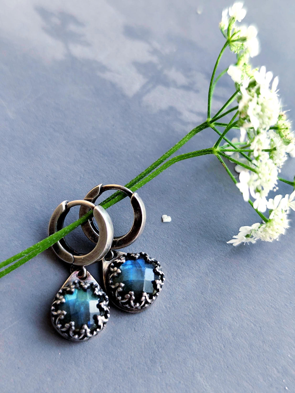 Silver Lace Bezel Labradorite Blue Moon Hoop Earrings