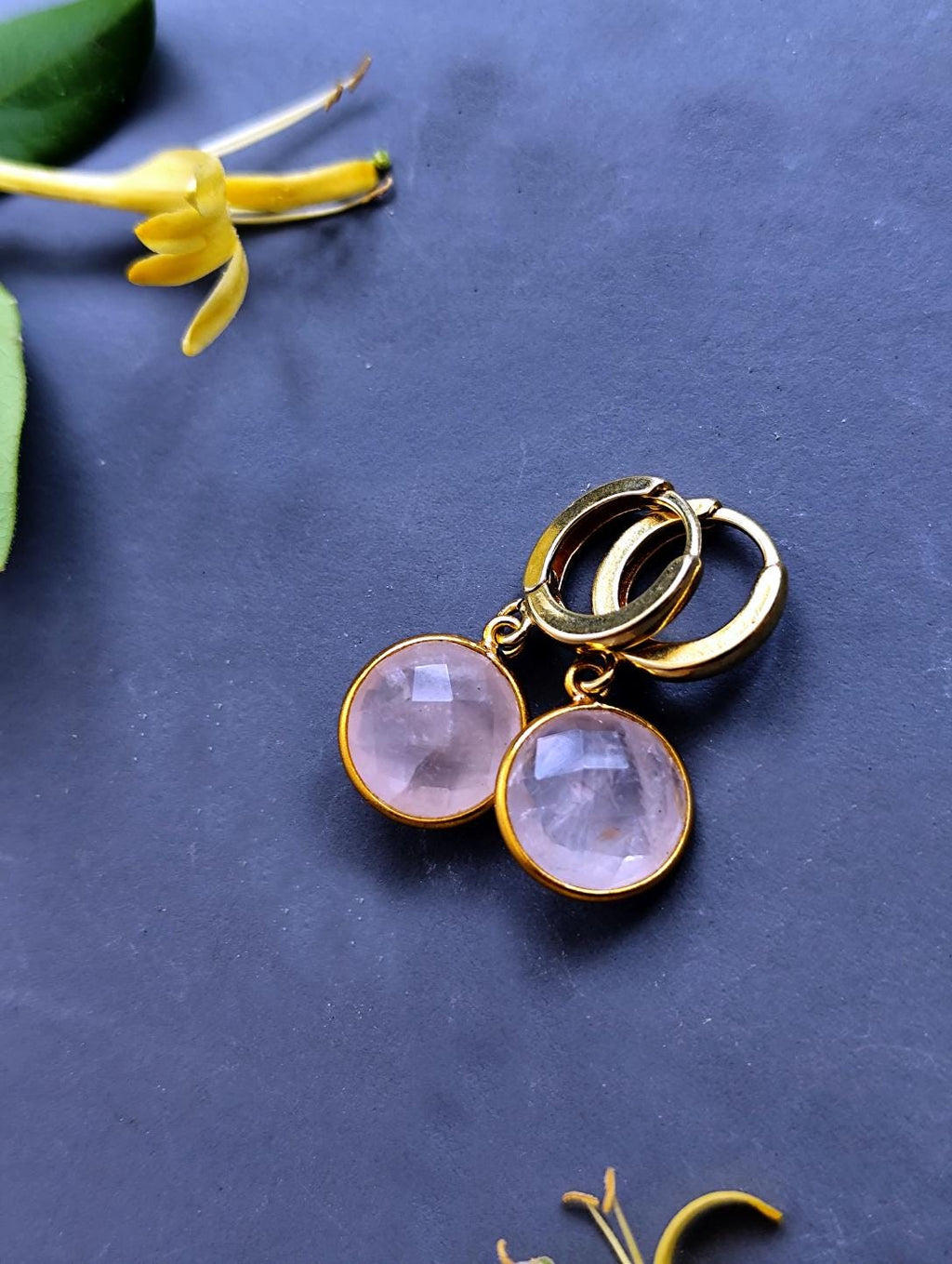 Gold Plated Sterling Earrings Pink Rose Quartz Large Charm