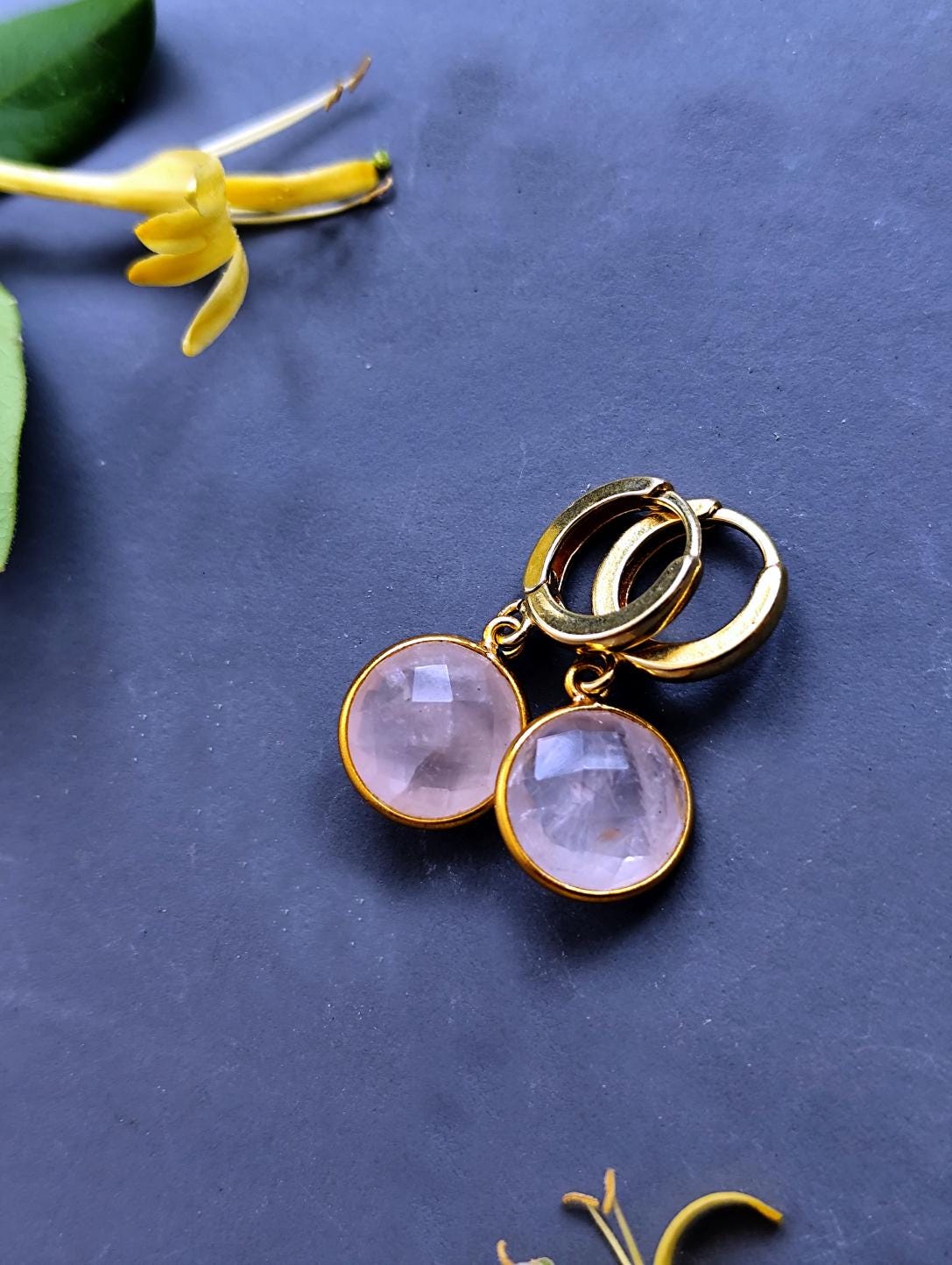 Gold Plated Sterling Earrings Pink Rose Quartz Large Charm
