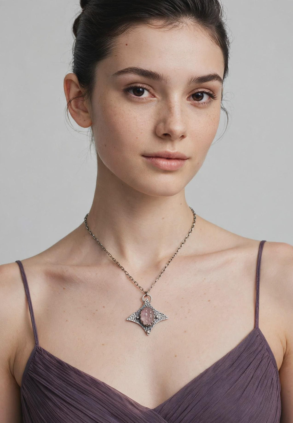 Carved Rose Quartz Statement Necklace in Textured Silver, Light Pink Gemstone Necklace, Silver Manta Necklace Genuine