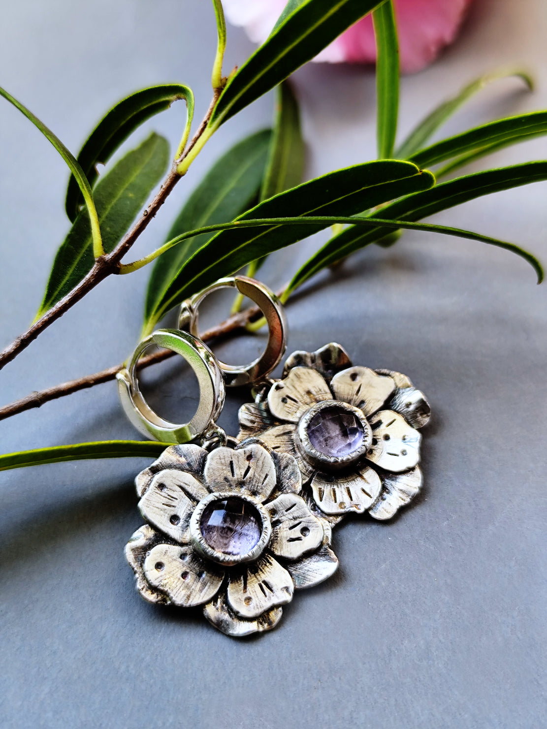 Artisan Flower Hoop Earrings with Light Purple Quartz