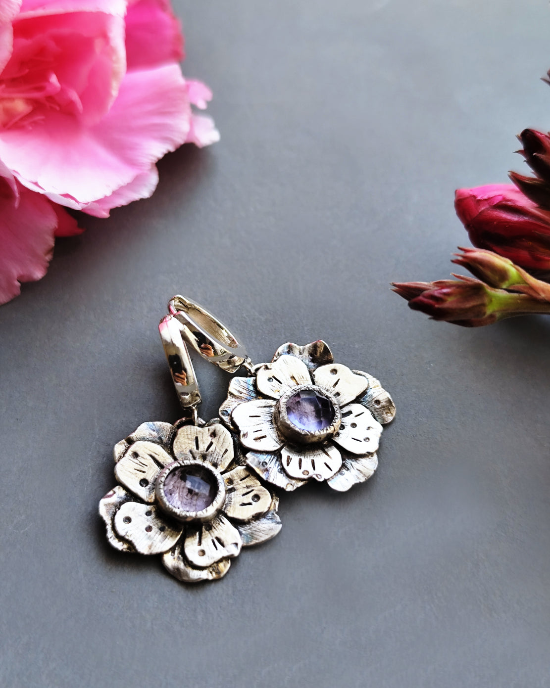 Artisan Flower Hoop Earrings with Light Purple Quartz