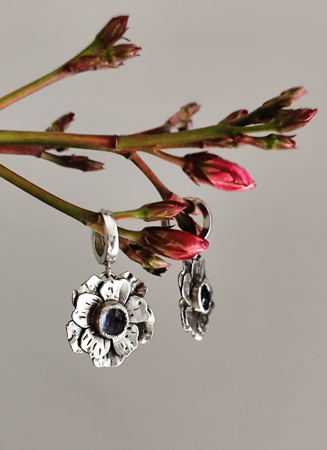 Artisan Flower Hoop Earrings with Light Purple Quartz