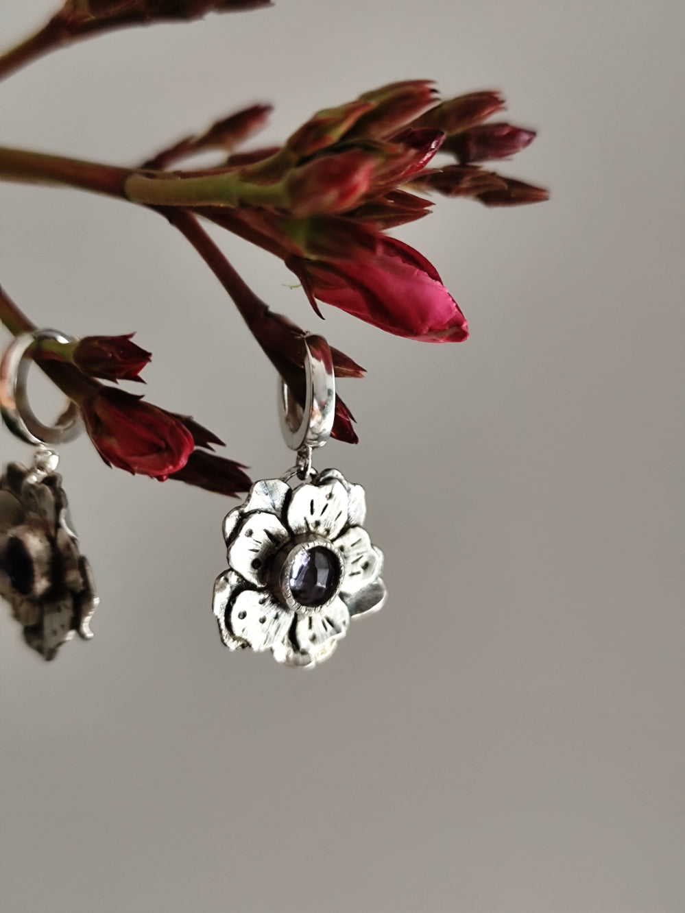 Artisan Flower Hoop Earrings with Light Purple Quartz