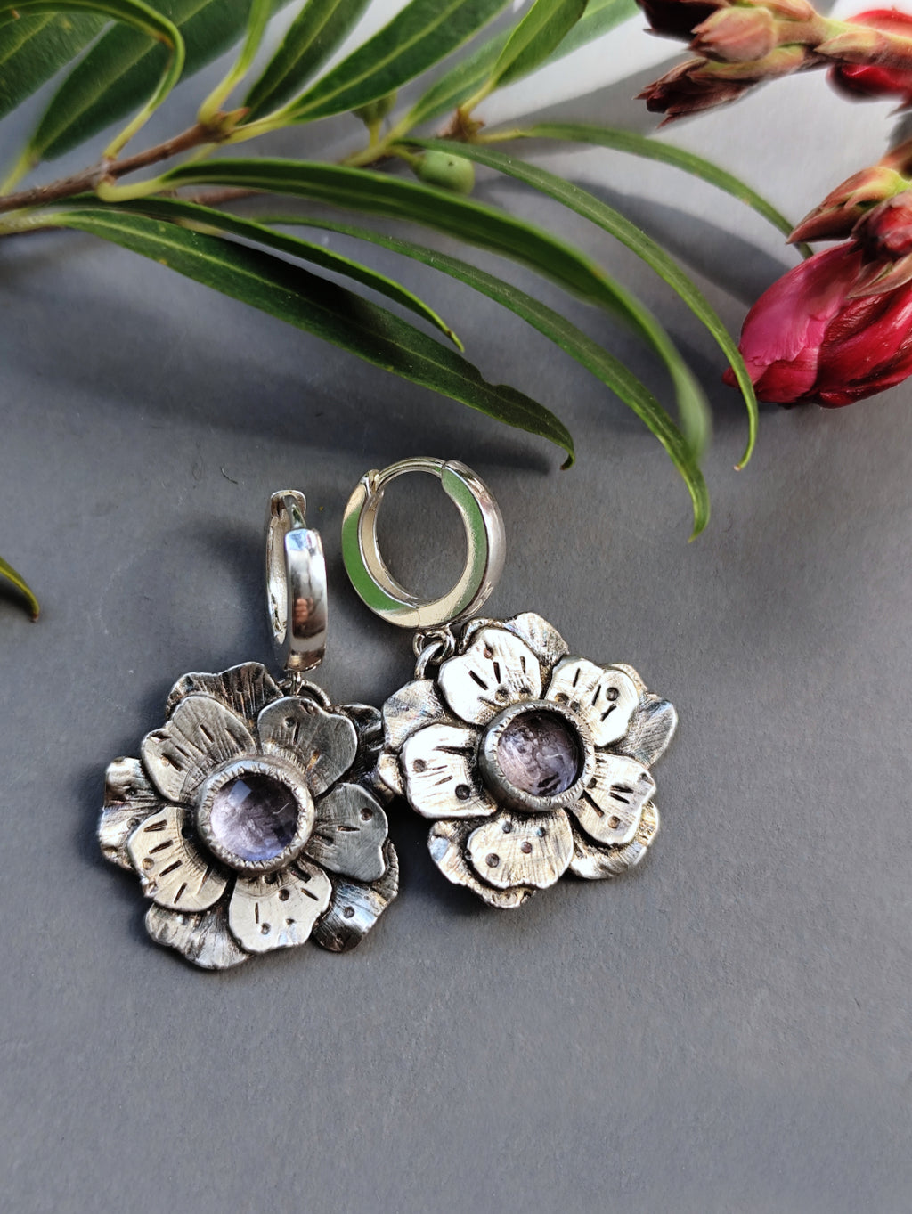 Artisan Flower Hoop Earrings with Light Purple Quartz