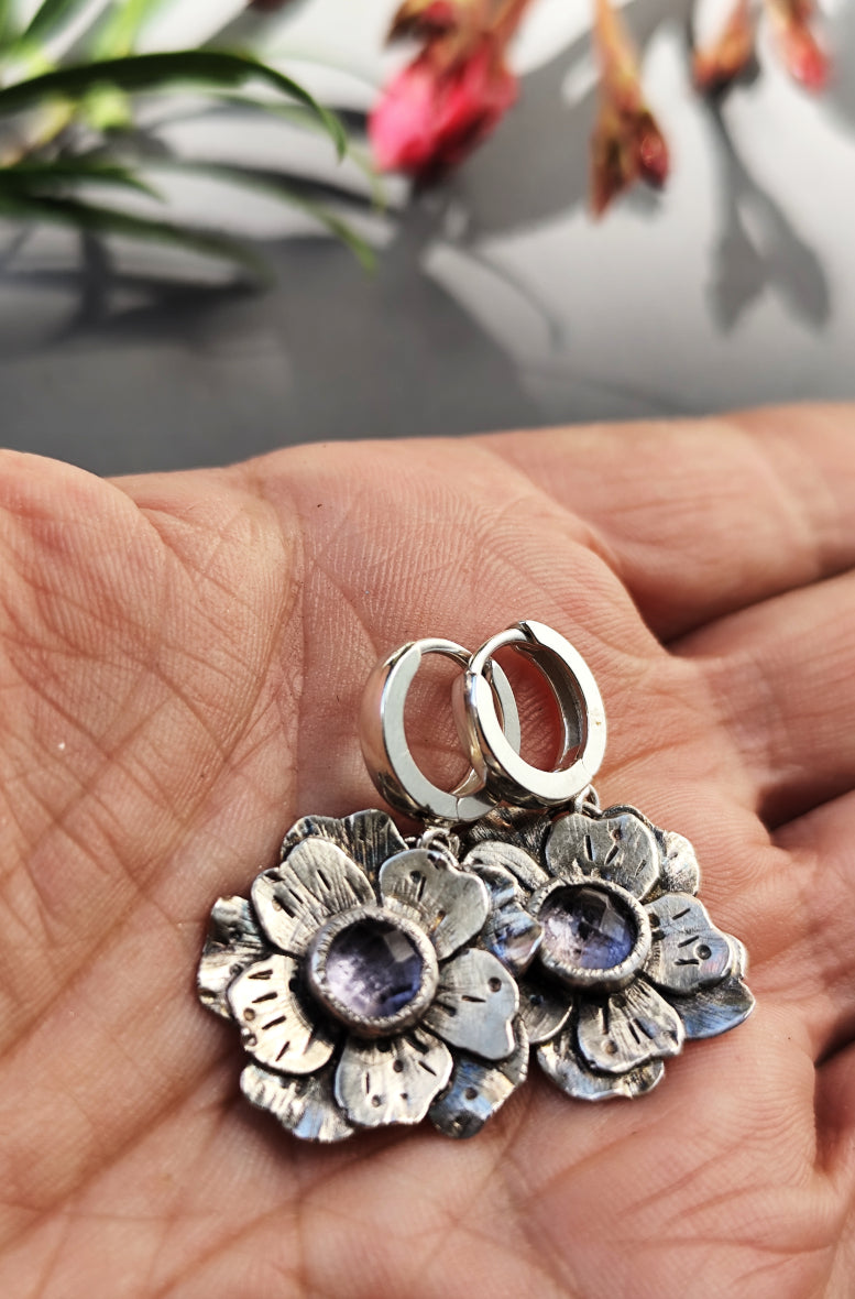 Artisan Flower Hoop Earrings with Light Purple Quartz