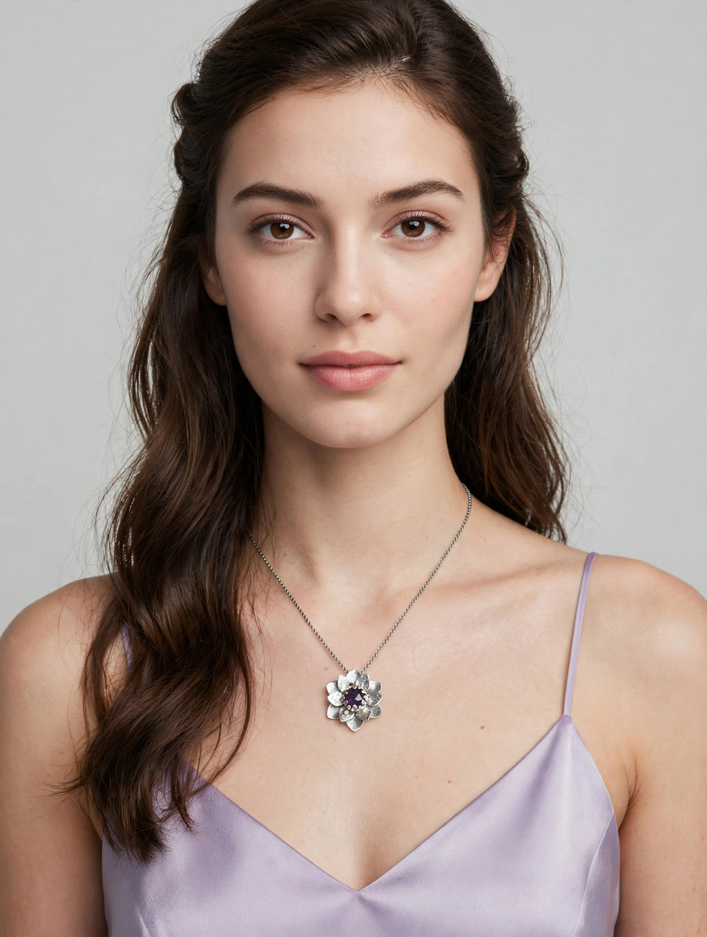 Statement Floral Necklace with Amethyst in Silver - Unique Artisan Flower Pendnat