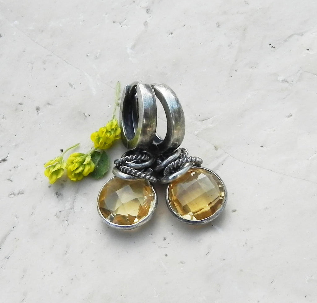Sunny Citrine Hoop Earrings Antiqued Silver