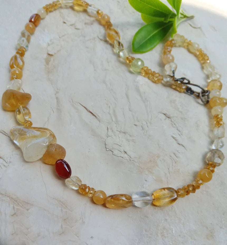Multi-Gemstone Warm Yellow Tones Necklace - Citrine, Amber, Quartz...