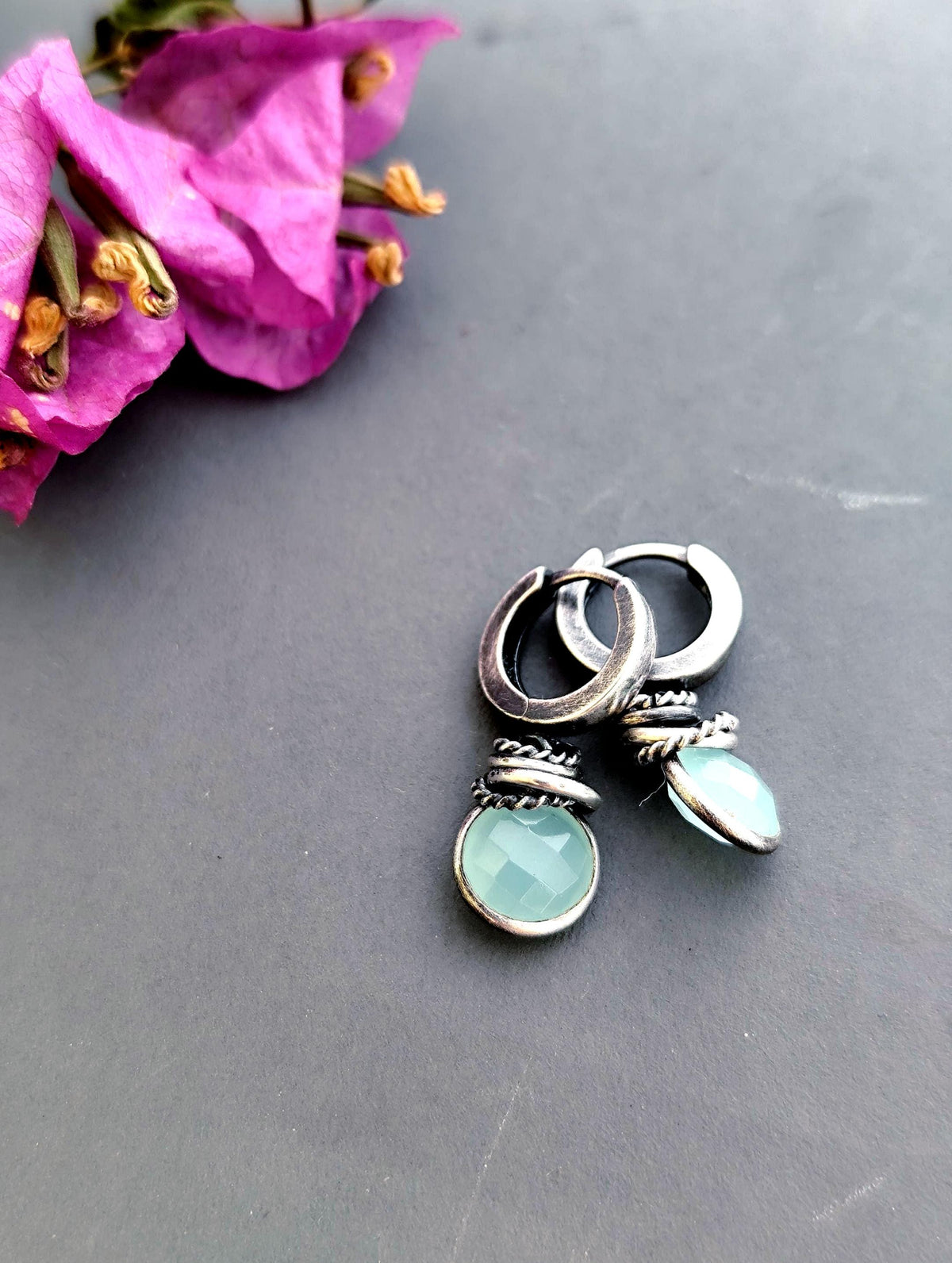 Aqua Chalcedony Earrings Oxidized Sterling & Blue Stone Hoops