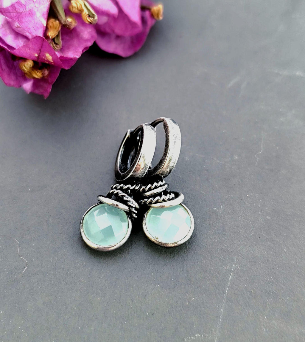 Aqua Chalcedony Earrings Oxidized Sterling & Blue Stone Hoops