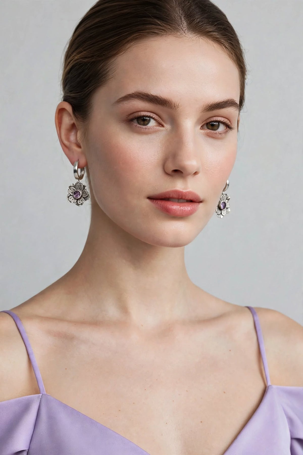 Artisan Flower Hoop Earrings with Light Purple Quartz