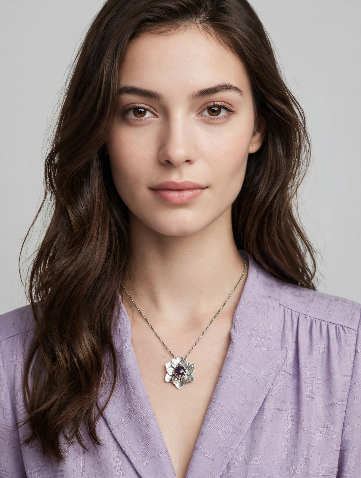 Statement Floral Necklace with Amethyst in Silver - Unique Artisan Flower Pendnat