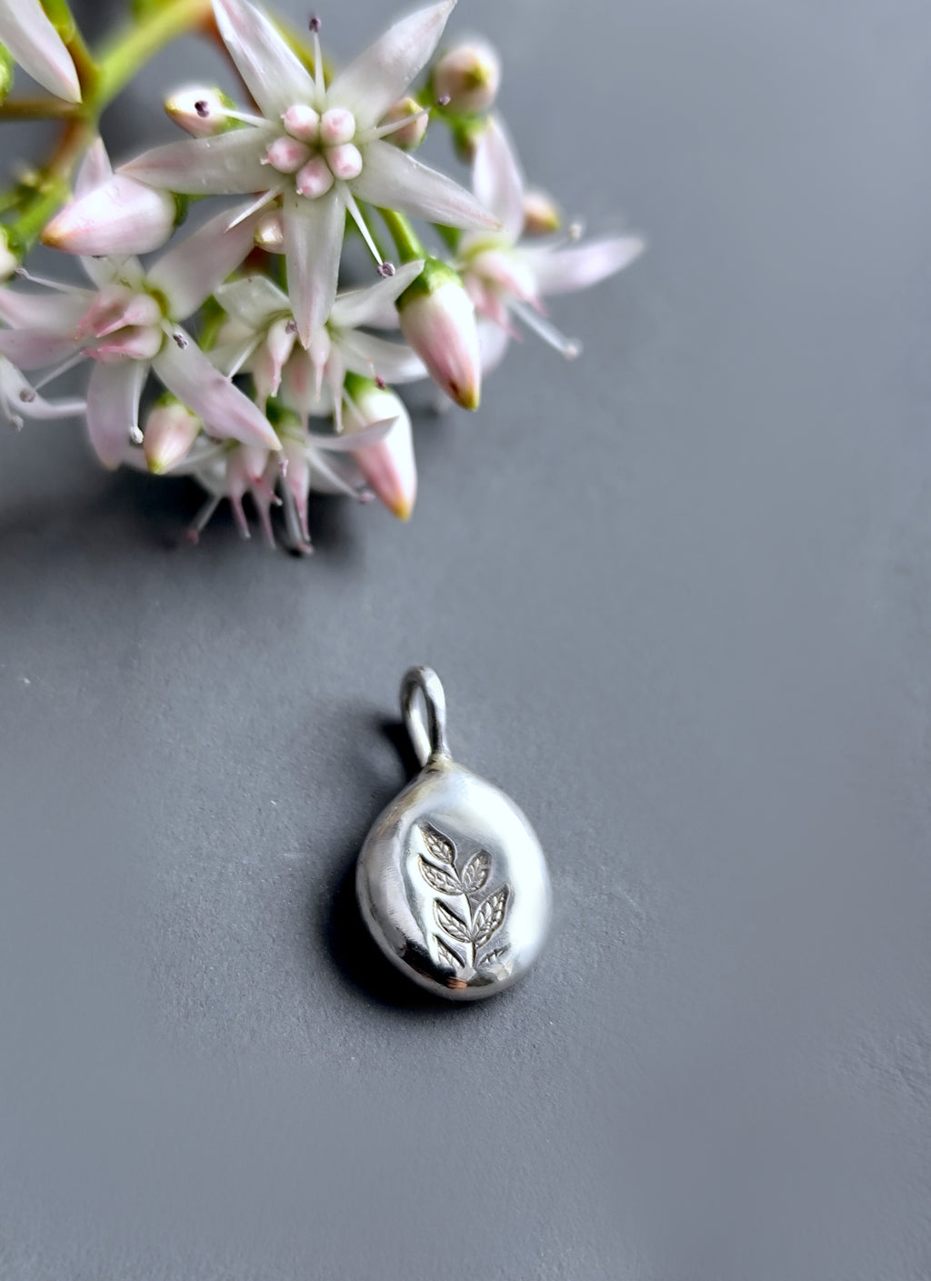 Dainty Organic Silver Drop Pendant with Leafy Detail