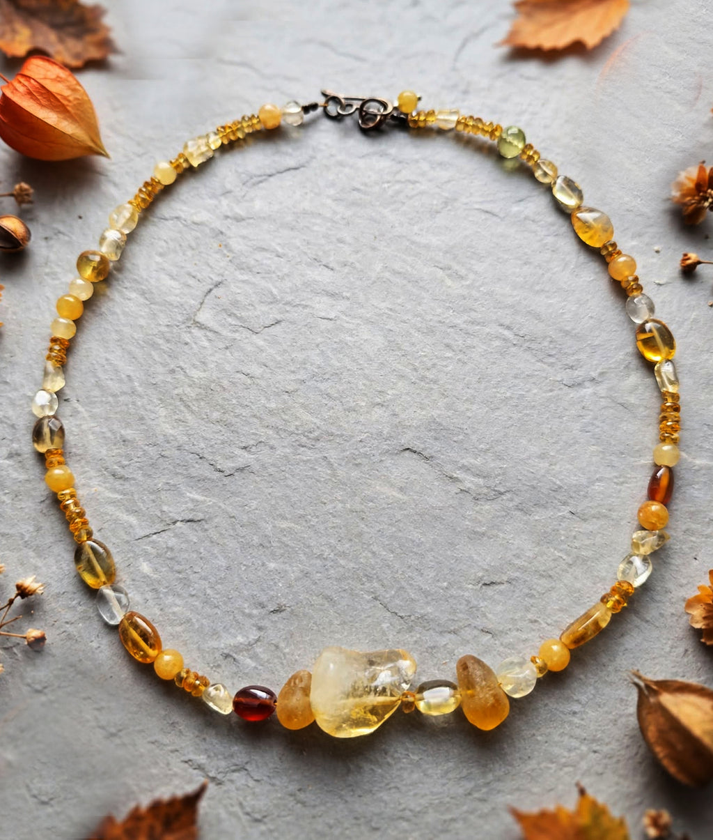 Multi-Gemstone Warm Yellow Tones Necklace - Citrine, Amber, Quartz...
