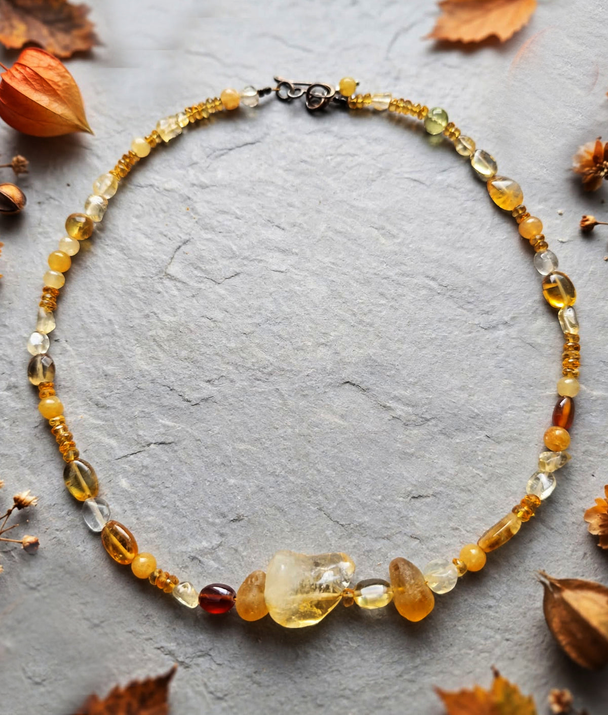 Multi-Gemstone Warm Yellow Tones Necklace - Citrine, Amber, Quartz...
