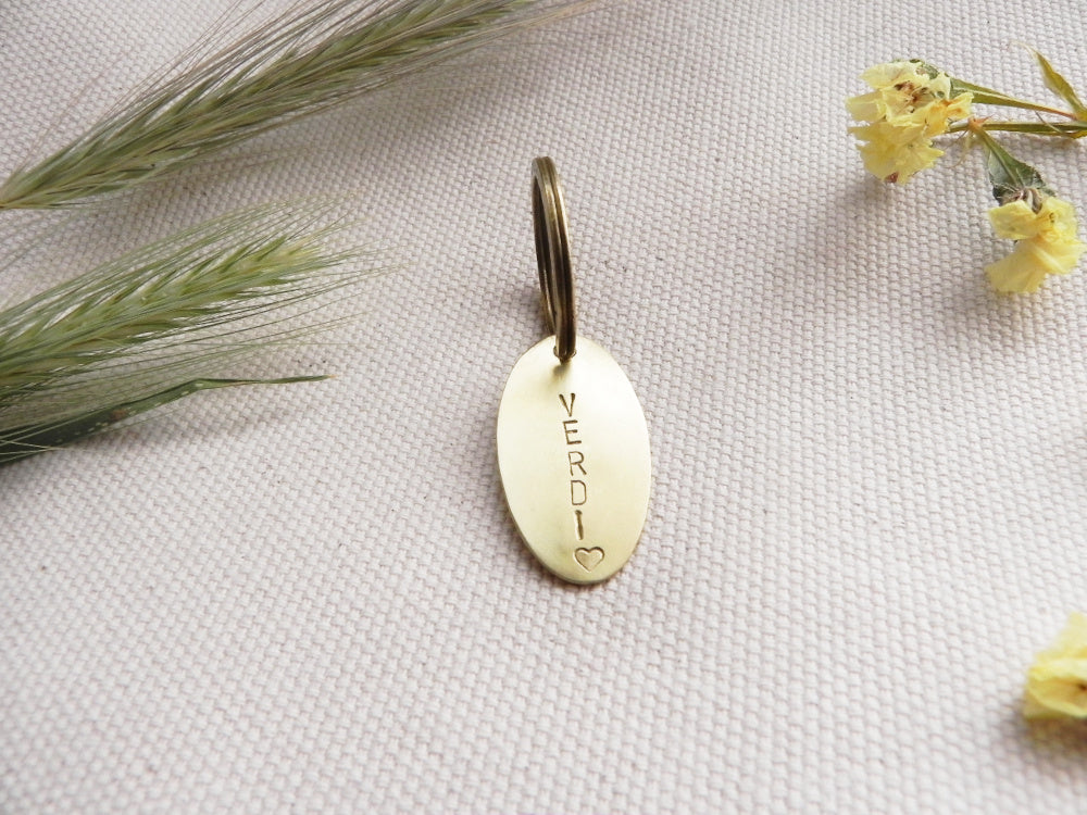 Hammered Texture Brass Oval ID Tag - Personalized Pet Tag / Key-ring Detail