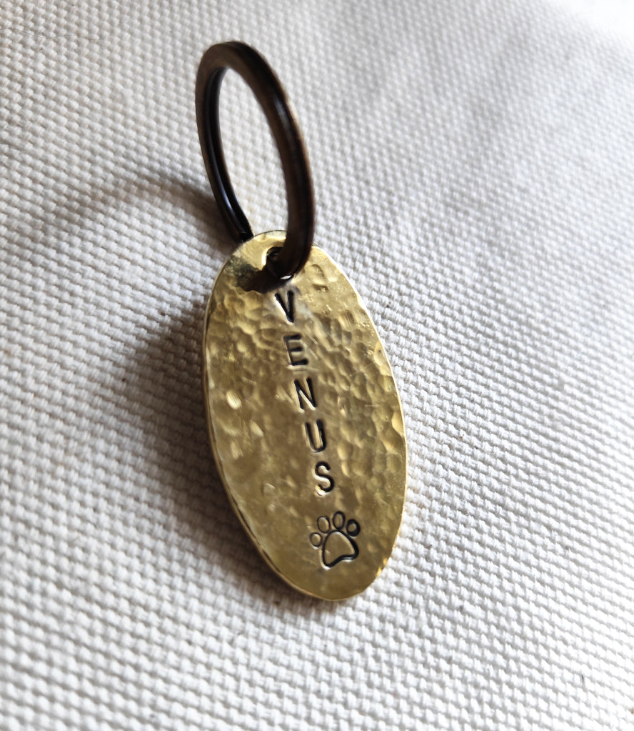 Hammered Texture Brass Oval ID Tag - Personalized Pet Tag / Key-ring Detail