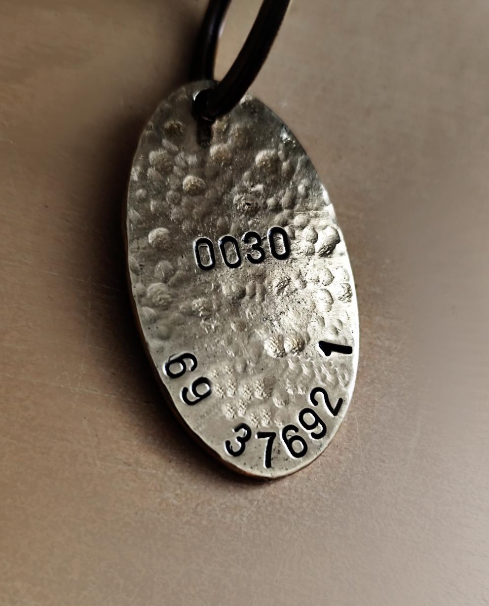 Hammered Texture Brass Oval ID Tag - Personalized Pet Tag / Key-ring Detail