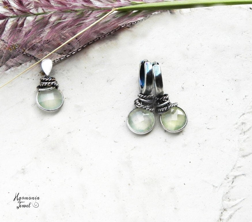 Soothing Green Prehnite Hoop Earrings Antiqued Silver