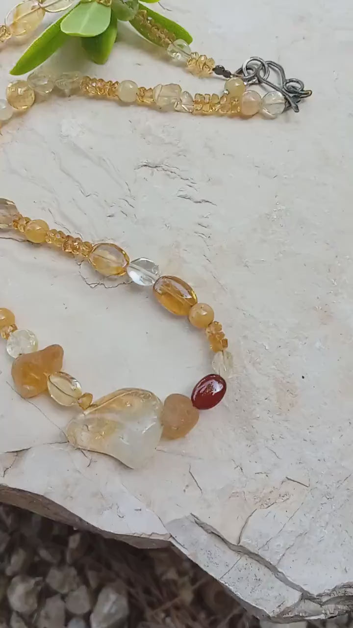 Multi-Gemstone Warm Yellow Tones Necklace - Citrine, Amber, Quartz...