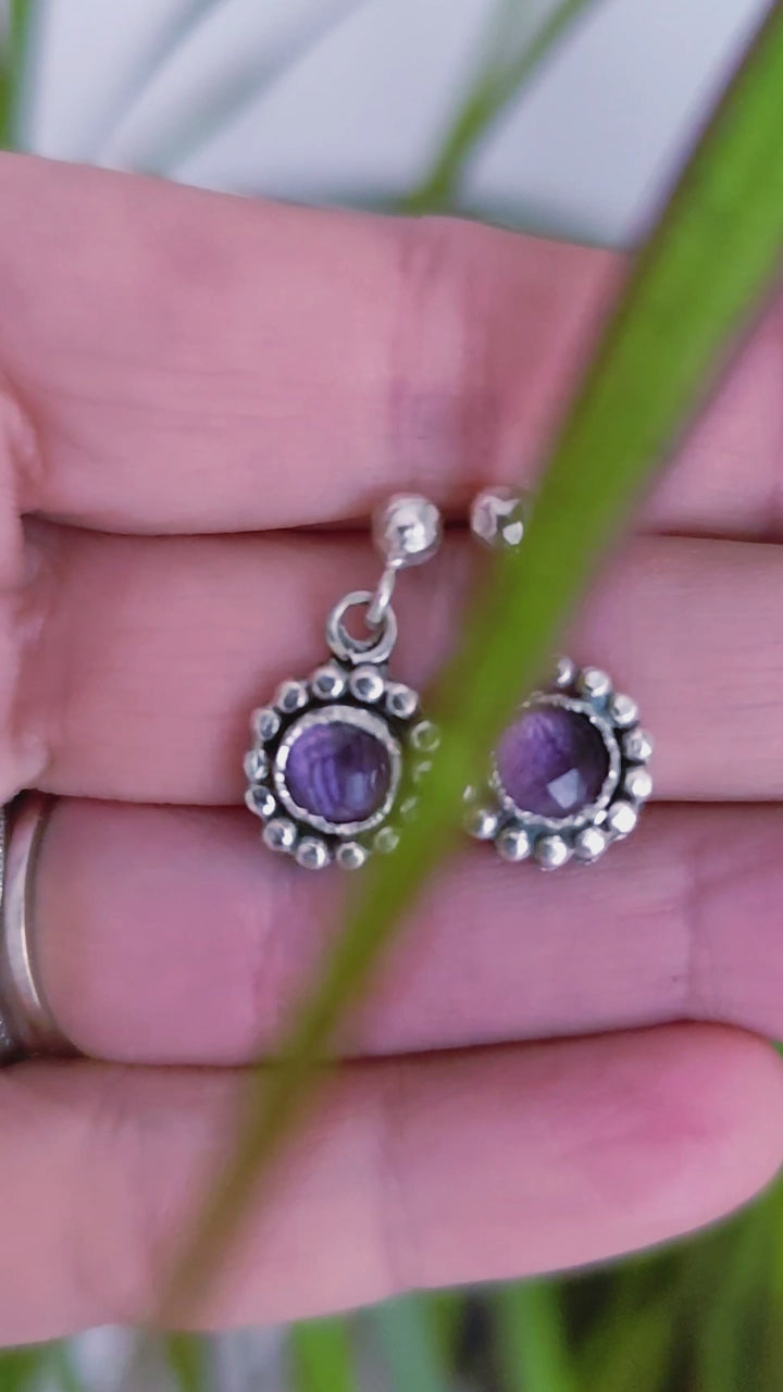 Rustic Dainty Flower Earrings on Studs with Textured Ball