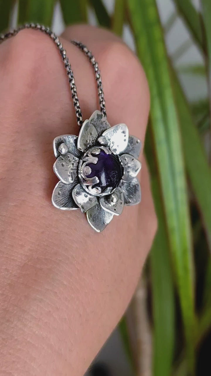 Statement Floral Necklace with Amethyst in Silver - Unique Artisan Flower Pendnat