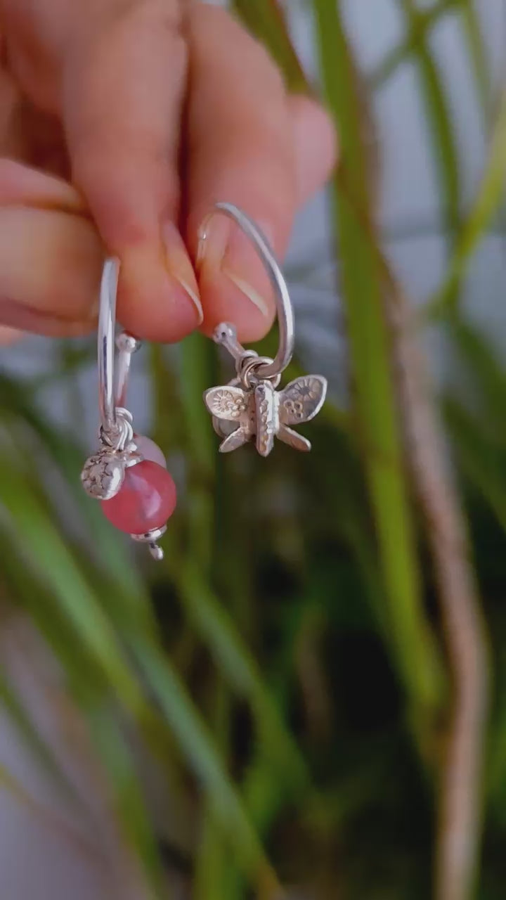 Hoop earrings with 10 charms - Gems in Green & Pink Shade, Butterfly, Flowers & Tree