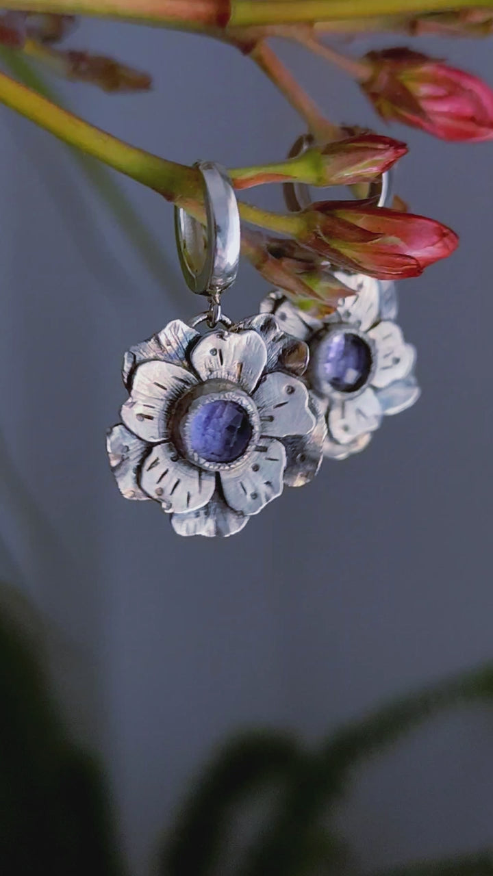 Artisan Flower Hoop Earrings with Light Purple Quartz