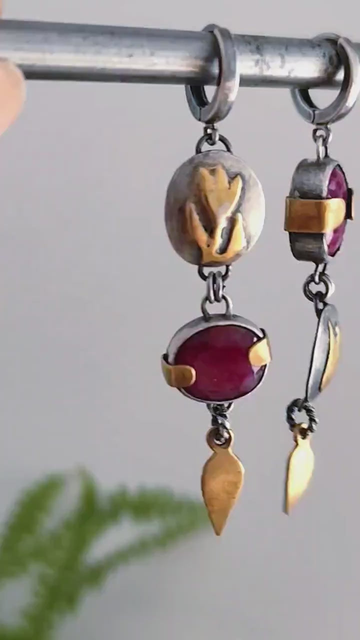 Statement Rustic Flower and Ruby Earrings in Oxidized Silver