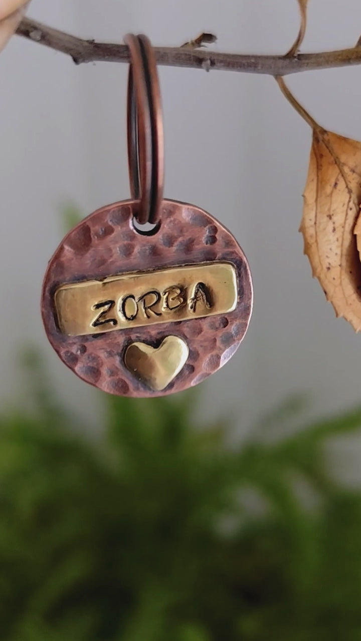 25mm Copper & Brass Pet ID with Heart Detail in Rustic or Shiny Finish - for Medium Size Pets/Key-rings