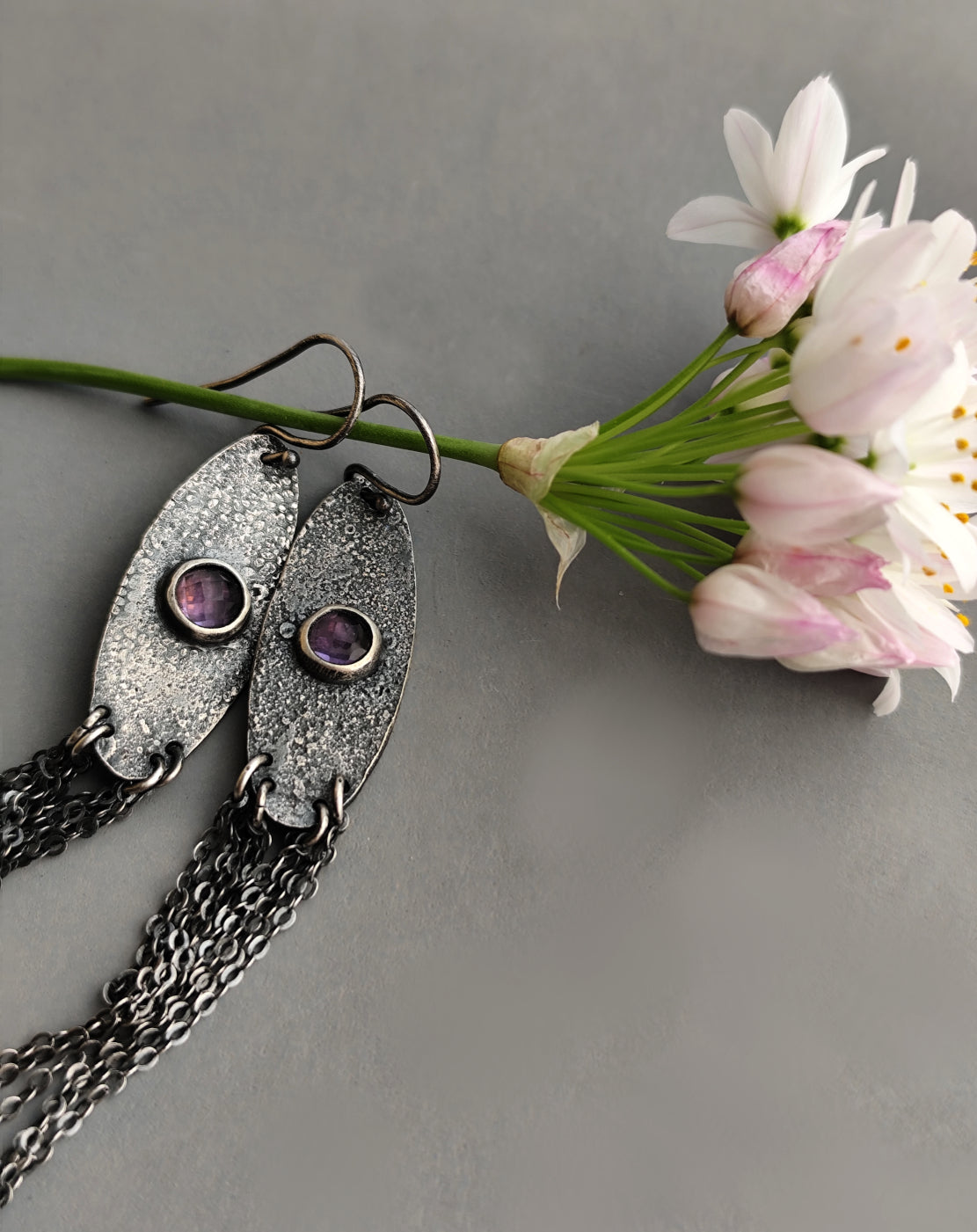 Rustic Oval Earrings with Chain Fringe and Amethyst