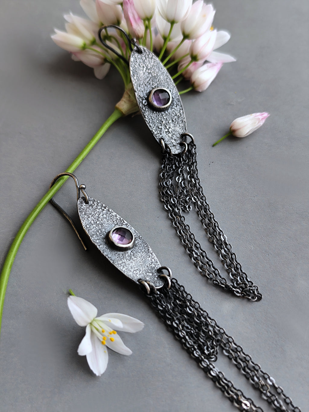Rustic Oval Earrings with Chain Fringe and Amethyst