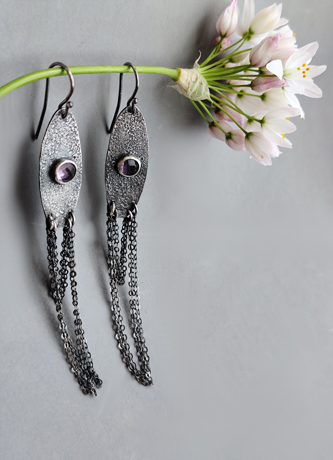 Rustic Oval Earrings with Chain Fringe and Amethyst