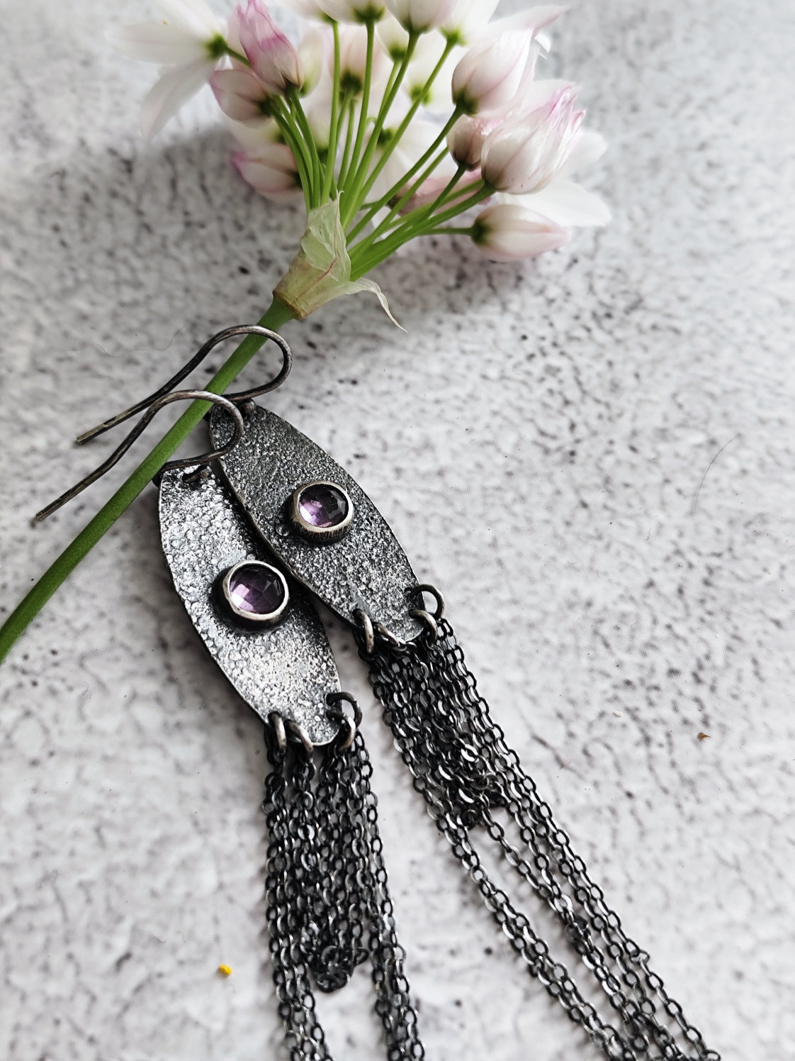 Rustic Oval Earrings with Chain Fringe and Amethyst