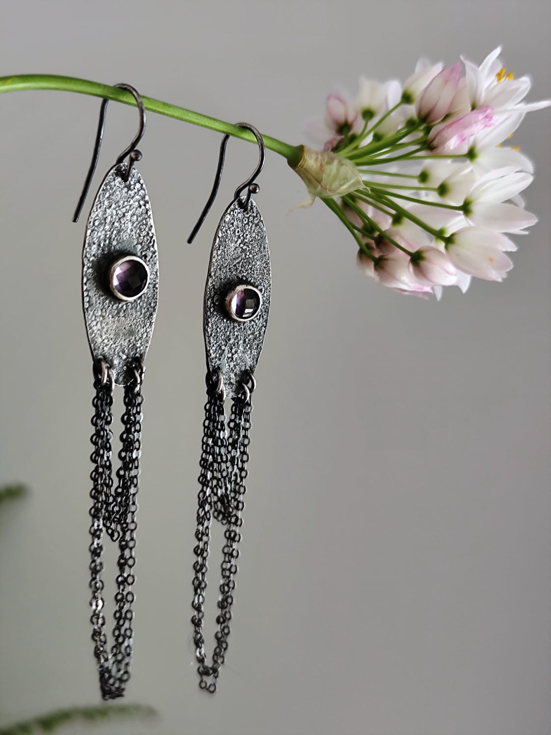 Rustic Oval Earrings with Chain Fringe and Amethyst