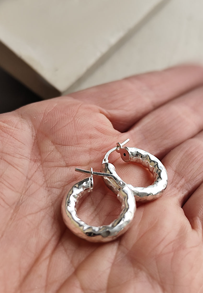 Textured Large Sterling Silver Hoop Earrings, Thick Hammered Tube Classic Hoop Earrings Silver 925, Minimal Jewellery for Him /for Her, Créoles Ag925