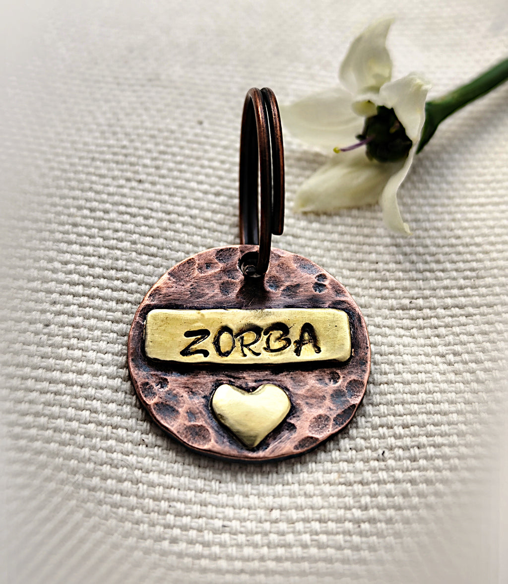 25mm Copper & Brass Pet ID with Heart Detail in Rustic or Shiny Finish - for Medium Size Pets/Key-rings